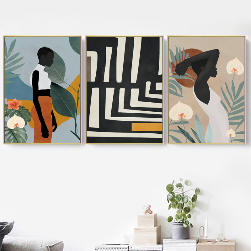 Abstract African Women Flower Leaf Mural Art Canvas Painting - Image 2